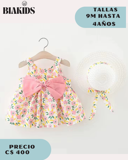 Vestido Floral Rosa c/sombrero