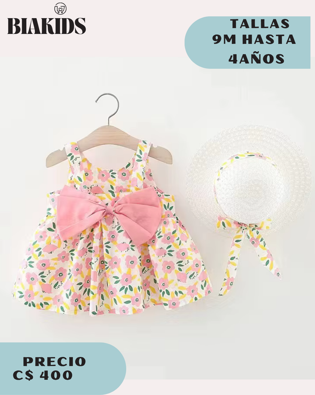 Vestido Floral Rosa c/sombrero
