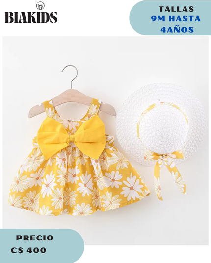 Vestido flor grande Naranja c/sombrero