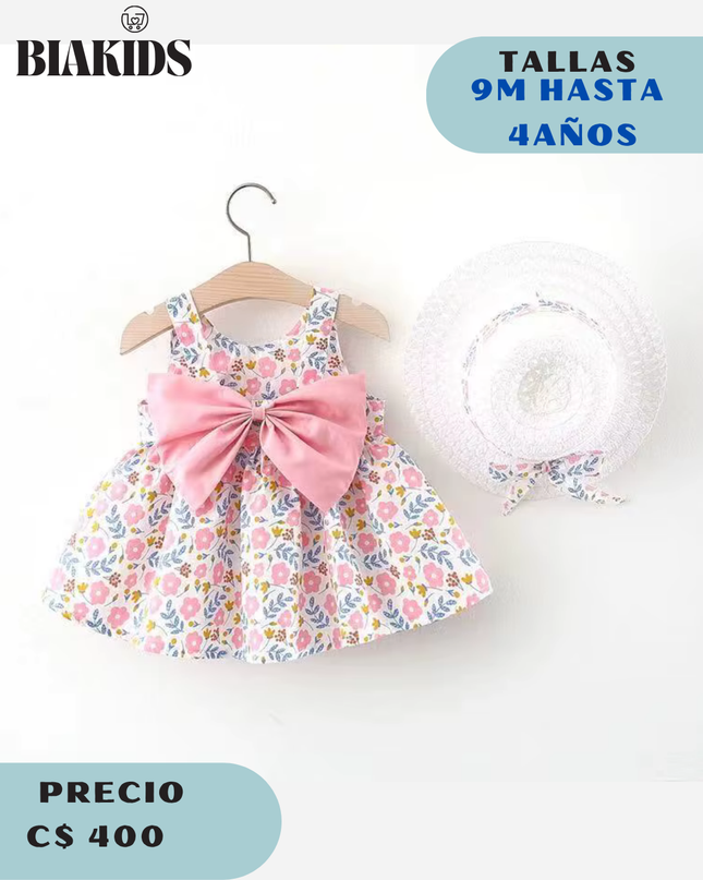 Vestido Floral Rosa A c/sombrero