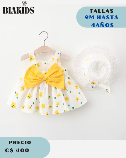 Vestido flor Amarillo c/sombrero