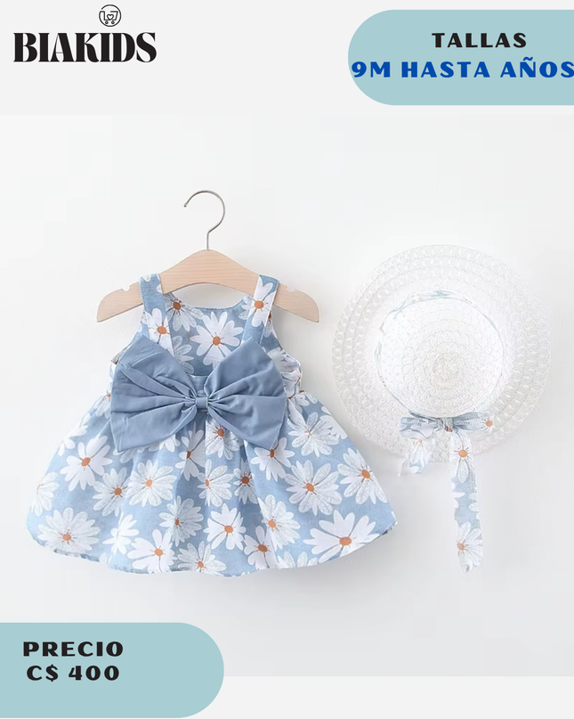 Vestido Azul Flores c/ sombrero