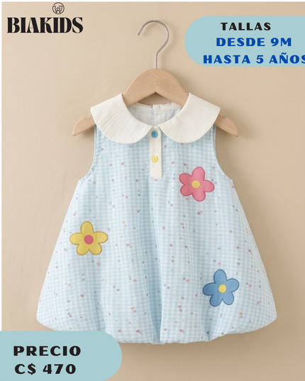 Vestido Azul Flores Bordadas
