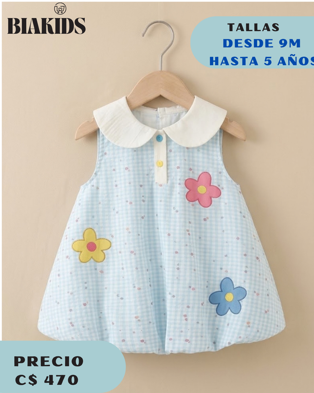 Vestido Azul Flores Bordadas