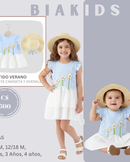 Vestido Celeste 3D Floral & Sombrero