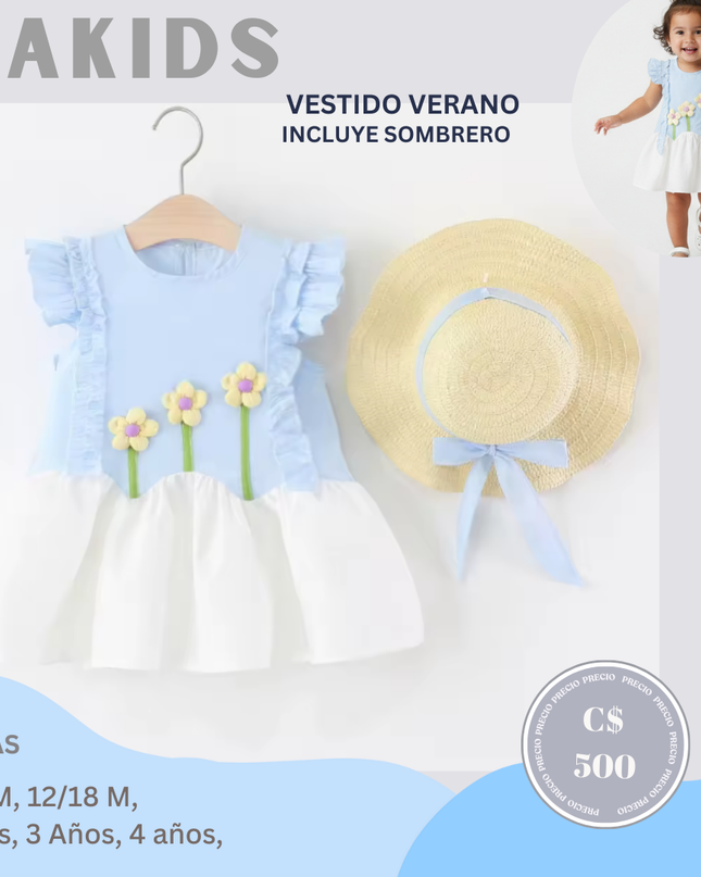 Vestido Celeste 3D Floral & Sombrero