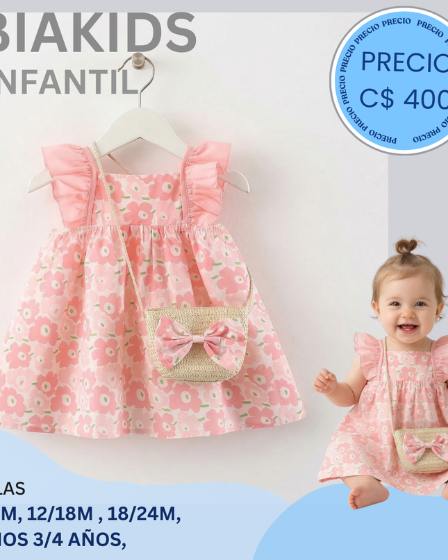 Vestido rosado con bolso