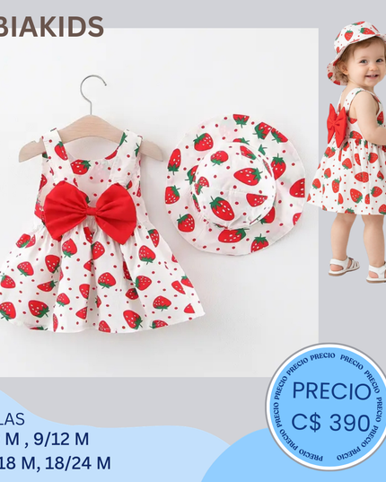 vestido con sombrero fresa roja
