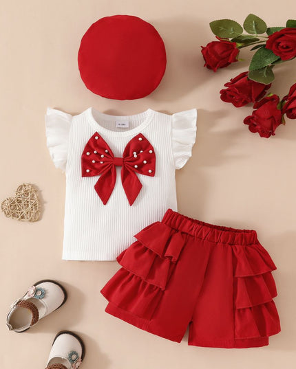 Ropa para niña lazo grande Top blanco + falda de terciopelo + boina 3