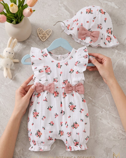 Mameluco Floral Blanco Lazo Rosa