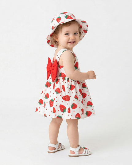 vestido con sombrero fresa roja