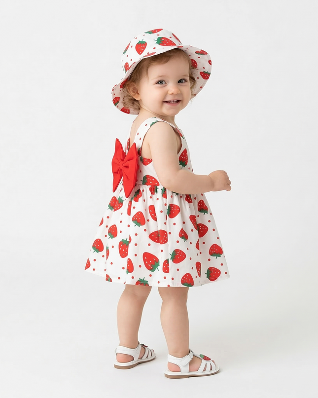 vestido con sombrero fresa roja